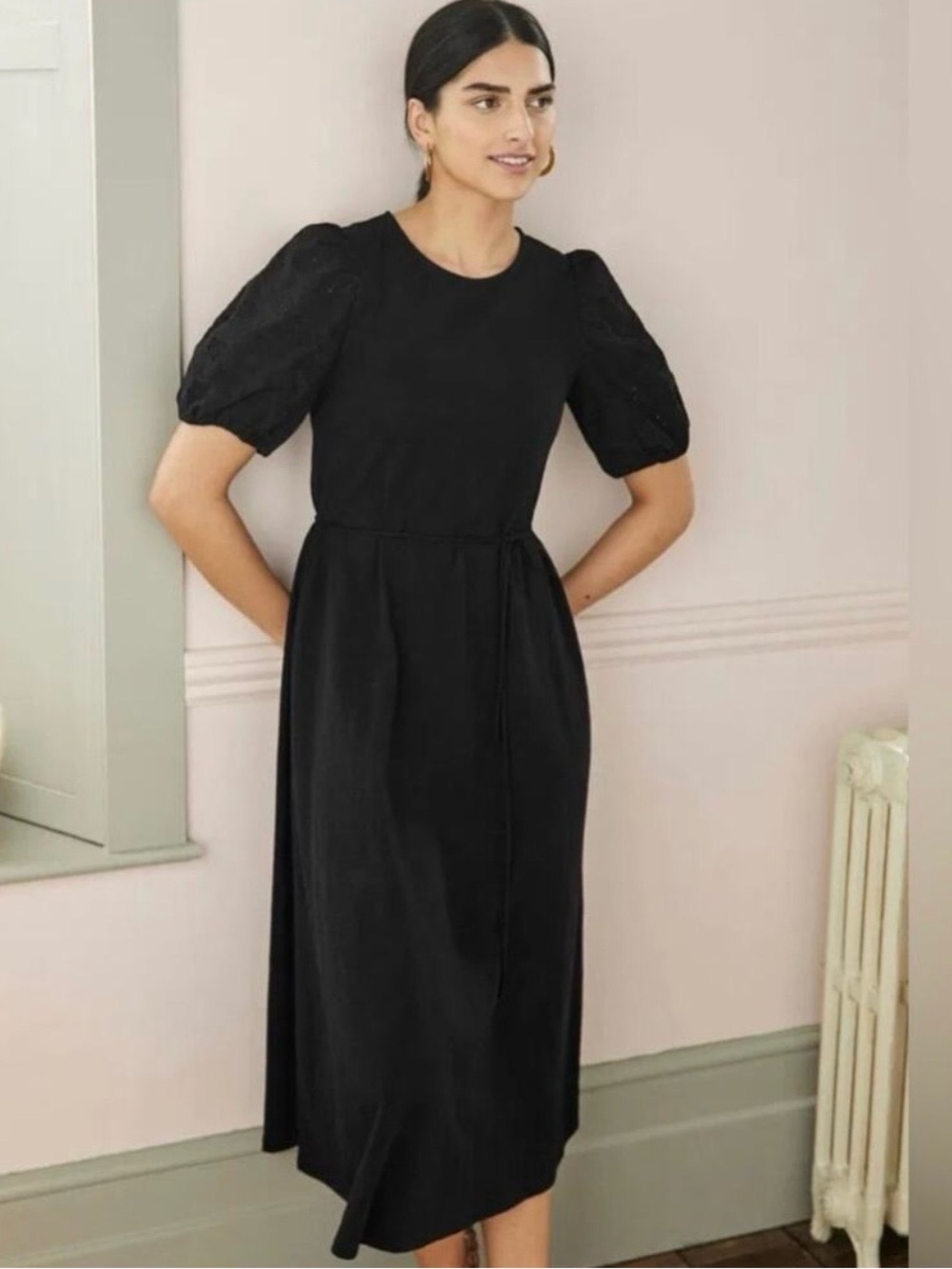 Boden Broderie Eyelet Puff Sleeve Black Midi Dress Cottagecore NWT 8R